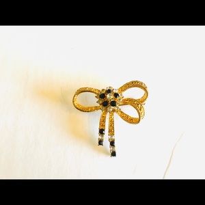 Vintage Gold Bow Brooch Black Clear Rhinetones